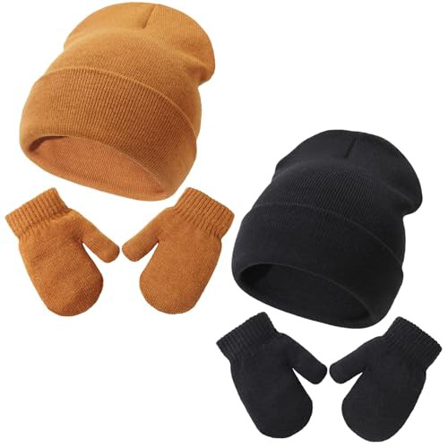 DRESHOW Baby Beanie Hat Mitten Set Infant Toddler Kids Winter Warm Knit Hat with Gloves for 3 Months - 5 Years Girls Boys Children