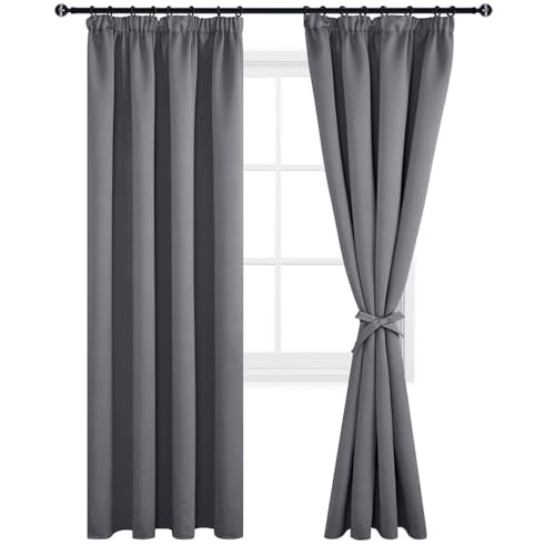 DWCN Grey Blackout Curtains for Bedroom Thermal Curtains Pencil Pleat Short Window Curtains with Hooks for Track Rail Curtains for Living Room 90 x 90 inch Length, Grey, 2 Panels