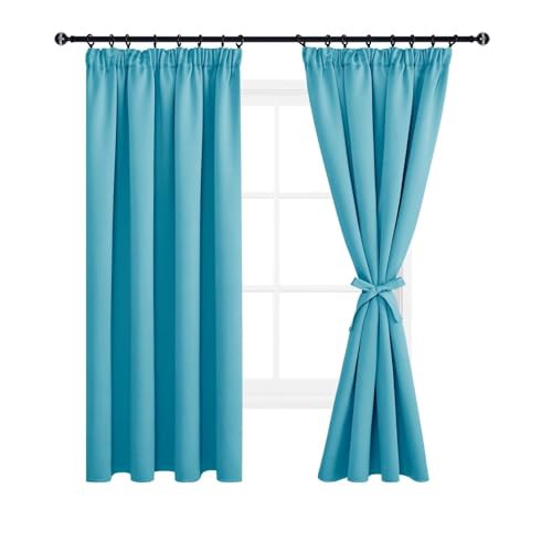 DWCN Blackout Curtains for Bedroom Thermal Insulated Curtains with Tiebacks Pencil Pleat Window Curtains for Living Room 55 x 69 inch Length, Turquoise, 2 Panels