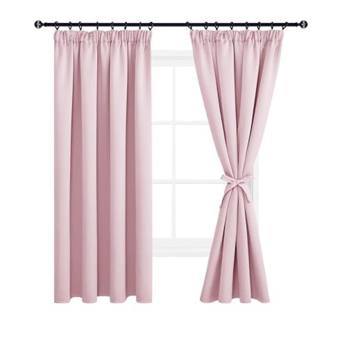 DWCN Wide Curtains with Tiebacks Blackout Curtains Pencil Pleat for Bedroom Thermal Insulated Curtains for Living Room 66 x 72 inch Length, Pink, 2 Panels