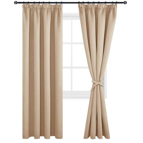 DWCN Blackout Curtains for Bedroom Thermal Insulated Room Darkening Pencil Pleat Window Curtains for Living Room 90 x 90 inch Length, Beige, 2 Panels