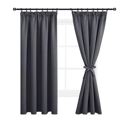 DWCN Blackout Curtains for Bedroom Pencil Pleat Curtains Thermal Insulated Curtains Room Darkening Window Curtains for Living Room 55 x 69 inch Length, Dark Grey, 2 Panels