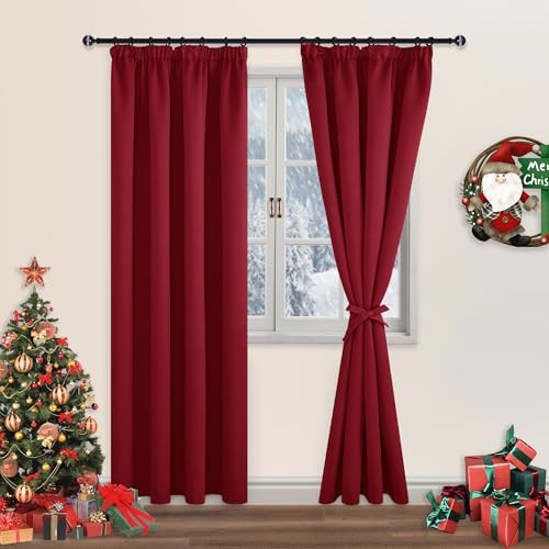 DWCN Blackout Curtains for Bedroom Thermal Insulated Room Darkening Pencil Pleat Window Curtains for Living Room 90 x 90 inch Length, Red, 2 Panels