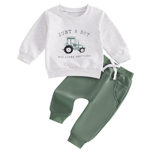 MoccyBabeLee Toddler Boys Fall Outfits Letter Tractor Print Long Sleeve Sweatshirts and Long Pants 2Pcs Clothes Set