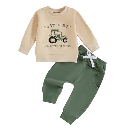 MoccyBabeLee Toddler Boys Fall Outfits Letter Tractor Print Long Sleeve Sweatshirts and Long Pants 2Pcs Clothes Set
