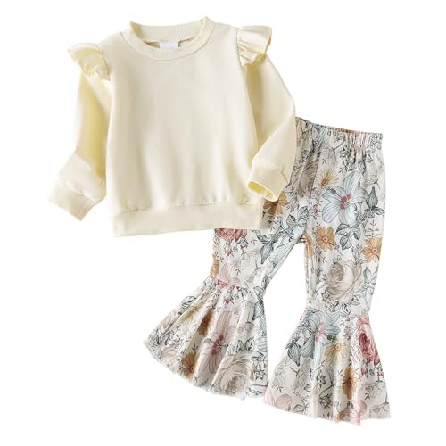 WYTbaby Baby Girl Clothes Set Long Sleeve Ruffle Sweatshirt Top +Printed flare Pant Outfits Set Fall Winter Outfit for Toddler Infant Baby Girl 3-24 Months