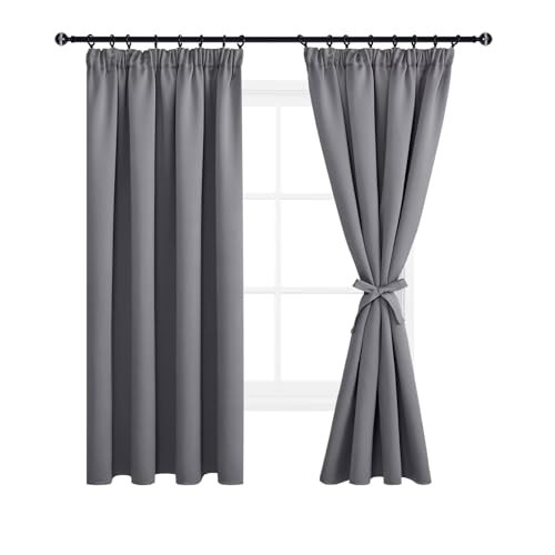 DWCN Grey Blackout Curtains for Bedroom Thermal Curtains Pencil Pleat Short Window Curtains with Hooks for Track Rail Curtains for Living Room 46 x 72 inch Length, Grey, 2 Panels