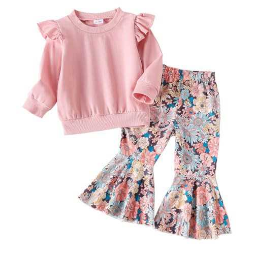 WYTbaby Baby Girl Clothes Set Long Sleeve Ruffle Sweatshirt Top +Printed flare Pant Outfits Set Fall Winter Outfit for Toddler Infant Baby Girl 3-24 Months
