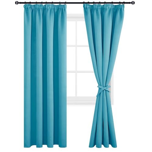 DWCN Pencil Pleat Curtains Blackout Curtains for Bedroom Thermal Insulated Room Darkening Curtains for Living Room 46 x 90 inch Length, Turquoise, 2 Panels