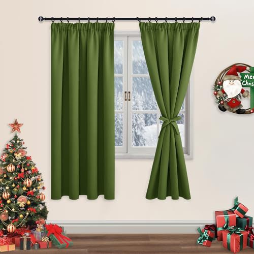 DWCN Pencil Pleat Curtains Blackout Curtains for Bedroom Thermal Insulated Room Darkening Curtains for Living Room 55 x 69 inch Length, Green, 2 Panels
