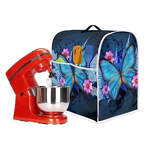 Poceacles Blue Butterfly Flowers Pattern Stand Mixer Cover Home Kitchen Washable Appliance Cover, Kitchen Decorations Universal Dust Proof Mixers Protector, S