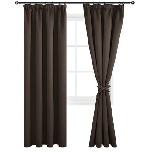 DWCN Blackout Curtains for Bedroom Room Divider Curtains Thermal Insulated Room Darkening Pencil Pleat Window Curtains for Living Room 66 x 90 inch Length, Brown, 2 Panels