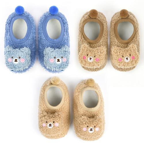 flintronic 3 Pairs Baby Warm First Walking Shoes, Baby Boys Girls Non-Skid Indoor Fuzzy Slipper Shoes, Walking Shoes Infant Breathable, Baby Winter Shoes with Soft Rubber Sole