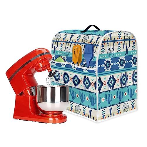 Poceacles Aztec Native Tribal Cactus Pattern Mixer Covers Indoor Kitchen Decorations, Polyester Dustproof Cover with Pockets for Stand Mixer, Compatible with 6-8 Quart, L