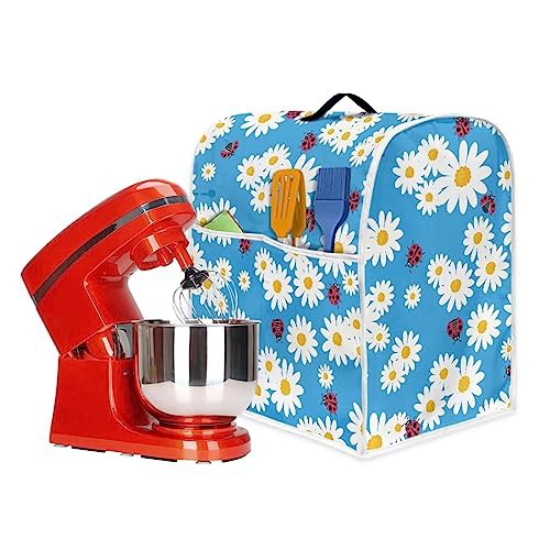Poceacles Blue Daisy Ladybird with Seven Stars Pattern Kitchen Mixer Cover with Pockets and Handle Kitchen Stand Mixer Cover Compatible with 6-8 Quart Mixers, L