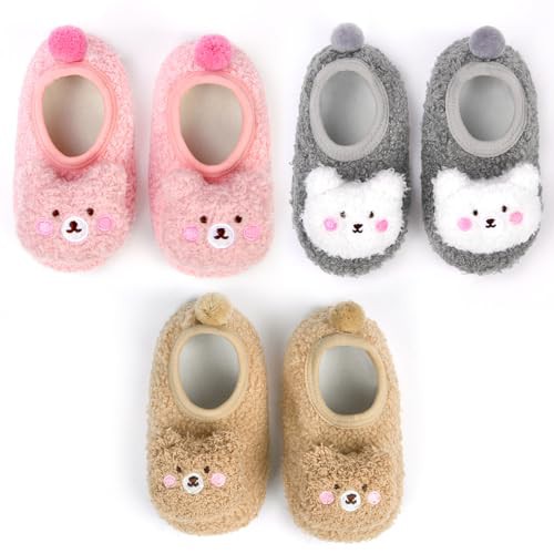 flintronic 3 Pairs Baby Warm First Walking Shoes, Baby Boys Girls Non-Skid Indoor Fuzzy Slipper Shoes, Walking Shoes Infant Breathable, Baby Winter Shoes with Soft Rubber Sole