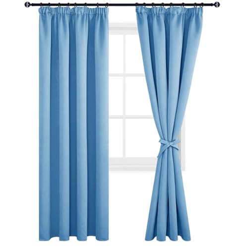 DWCN Blackout Curtains for Bedroom Thermal Insulated Room Darkening Pencil Pleat Window Curtains for Living Room 90 x 90 inch Length, Light Blue, 2 Panels