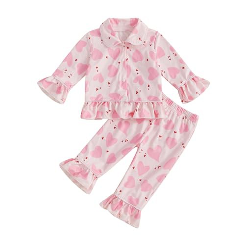 Vioyavo Kids Pajamas Set Baby Girls Sleepwear Heart Print Long Sleeves Shirt Elastic Pants 2 Piece Loungewear