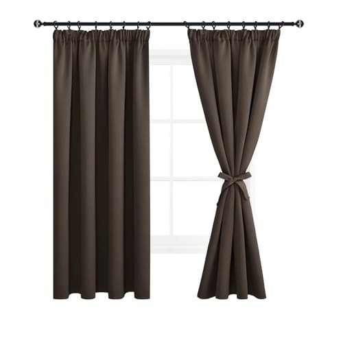 DWCN Blackout Curtains for Bedroom Thermal Insulated Curtains with Tiebacks Pencil Pleat Window Curtains for Living Room 55 x 69 inch Length, Brown, 2 Panels
