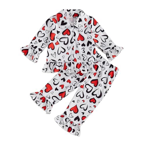 Vioyavo Kids Pajamas Set Baby Girls Sleepwear Heart Print Long Sleeves Shirt Elastic Pants 2 Piece Loungewear