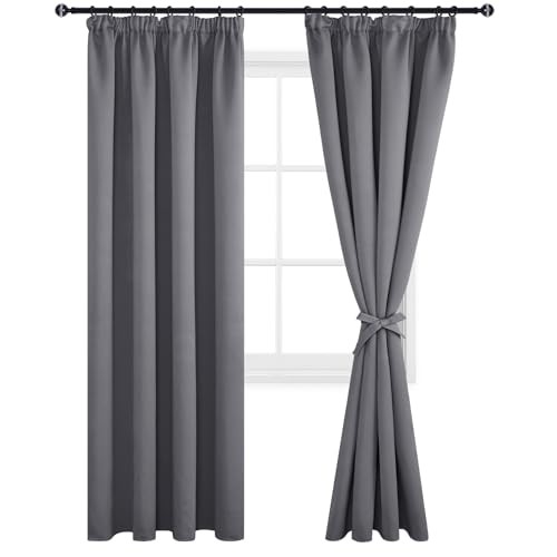 DWCN Grey Blackout Curtains for Bedroom Thermal Curtains Pencil Pleat Short Window Curtains with Hooks for Track Rail Curtains for Living Room 55 x 96 inch Length, Grey, 2 Panels