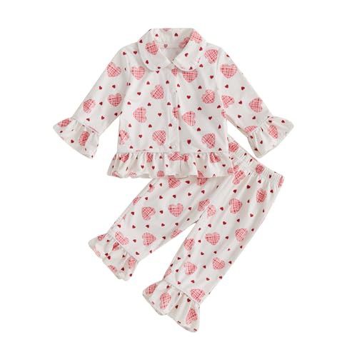 Vioyavo Kids Pajamas Set Baby Girls Sleepwear Heart Print Long Sleeves Shirt Elastic Pants 2 Piece Loungewear