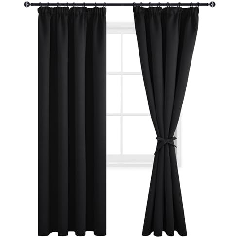DWCN Blackout Curtains for Bedroom Pencil Pleat Curtains Thermal Insulated Curtain for Home Decoration Room Darkening Drapery Curtains for Living Room 55 x 96 inch Length, Black, 2 Panels