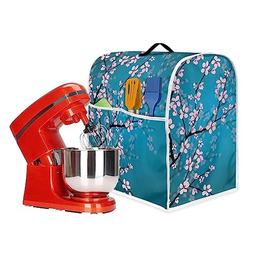 Poceacles Blue Cherry Blossoms Pattern Stand Mixer Covers Fit Tilt Head and Bowl Lift Models Mixers, Washable Kitchen Appliance Cover for Coffee Maker, L