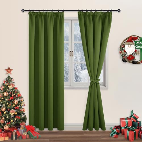 DWCN Blackout Curtains for Bedroom Thermal Insulated Room Darkening Pencil Pleat Window Curtains for Living Room 90 x 90 inch Length, Green, 2 Panels