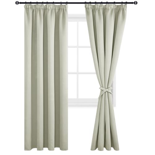 DWCN Blackout Curtains for Bedroom Thermal Insulated Curtains with Tiebacks Pencil Pleat Window Curtains for Living Room 66 x 90 inch Length, Light Beige, 2 Panels