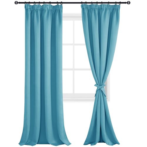 DWCN Blackout Curtains for Bedroom Thermal Insulated Room Darkening Pencil Pleat Window Curtains for Living Room 90 x 90 inch Length, Turquoise, 2 Panels
