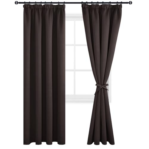 DWCN Blackout Curtains for Bedroom Thermal Insulated Room Darkening Pencil Pleat Window Curtains for Living Room 90 x 90 inch Length, Brown, 2 Panels