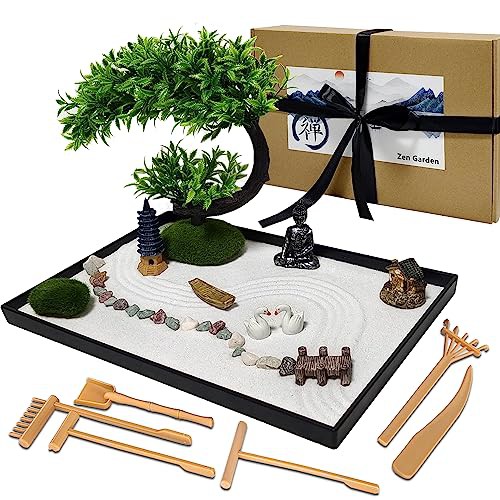 LuXianYS Japanese Zen Garden,Mini Zen Garden Home Decoration for Desk with Rake,Mini Zen Garden Sand Rock Ornament, Meditation Gift Set for Meditation, Relaxation and Gift