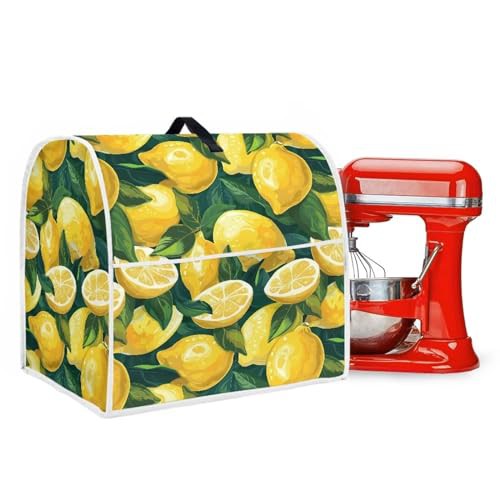 Poceacles Green Leaf Lemon Print Stand Mixer Cover with Pockets Dust Cover Kitchen Aid Mixer Cover Compatible with 6-8 Quarts, Kitchen Aid Mixer Accessories, L