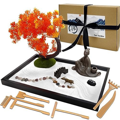 LuXianYS Zen Garden,Zen Garden Kit, Zen Garden Home Decoration, Meditation Gift Set, Zen Sand Garden,6 Tools, Desktop Meditation Room Decor Tray, Relaxation and Gift