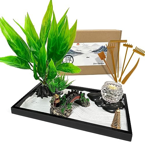 LuXianYS Zen Garden Kit 12x8in, Miniature Desktop Meditation Zen Garden Set, Japanese Zen Sand Garden, Candle Holder Zen Garden Gift Set with Rake, Rocks, Desktop Meditation Room Decor Tray