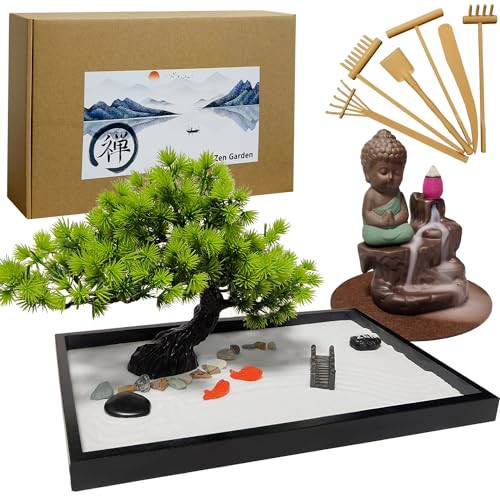 LuXianYS Zen Garden Meditation Gift Set 12x8in, Japanese Zen Sand Garden for Desk, Mini Zen Sand Garden Kit, Zen Sand Garden, Mini Rock Garden Gift Set with Backflow Incense Burner, 6 Tools