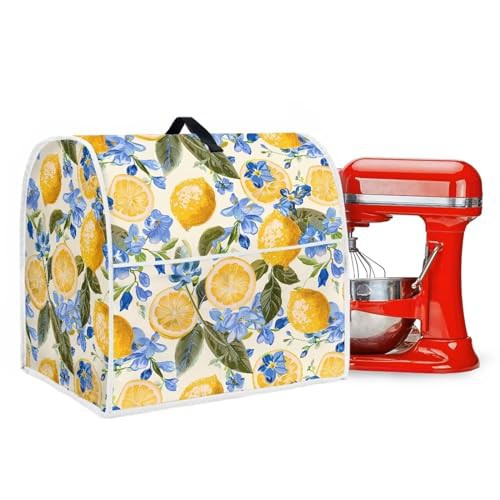 Poceacles Lemon Iris Flower Print Kitchen Mixer Cover for Stand Mixer, Kitchen Small Appliance Covers Dust Proof Mixers Protector Cover with Top Handle and Pockets, S