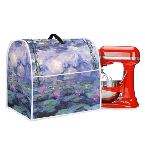 Poceacles Oil Painting Lotus Flower Print Stand Mixer Cover with Pockets Dust Cover Kitchen Aid Mixer Cover Compatible with 4.5-5 Quarts, Kitchen Aid Mixer Accessories