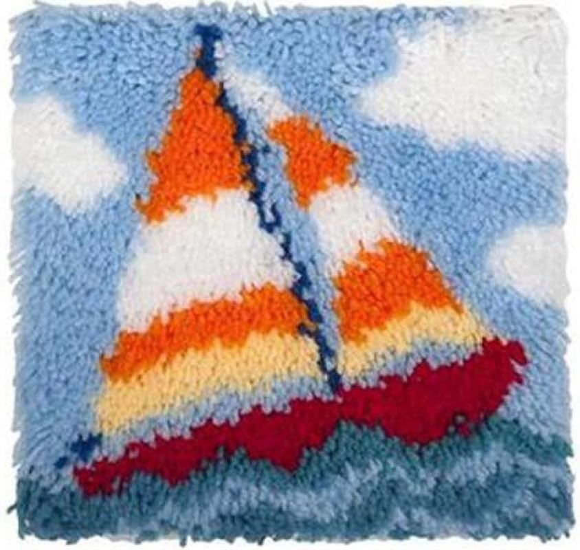 Embroidery Crafts DIY Making Sail Boat Latch Hook Rug Kits with Tool for Adults and Kids Beginner, Handmade Needle Crochet Yarn Kits, Latch Kit Cushion Christmas Home Decoration
