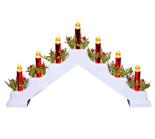 SHATCHI Latest Wooden Pre-Lit White Candle Bridge Light 7 LEDs Bulbs Metallic Red Candles - Battery or USB Powered - Window Christmas Tree Home Light Holiday Xmas Decoration