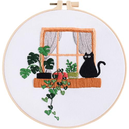 Traziewell Embroidery Kit for Adults Cat Pattern Cross Stitch Kit Including Embroidery Fabrics with Patterned Threads Needles Hoops and Instructions, 0120