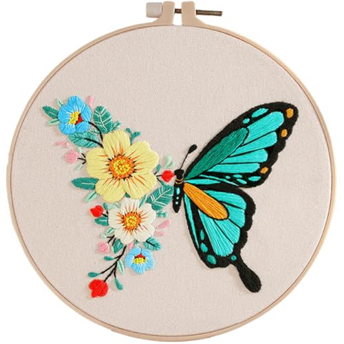 Traziewell Embroidery Kits Butterfly and Flower Patterns Cross Stitch Starter Kit with Hoops Embroidery Cloths with Patterns Needles Threads, 0108