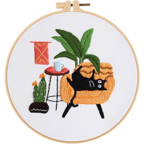 Traziewell Embroidery Patterns Embroidery Kit with Cat Patterns and Instructions for Beginners Cross Stitch Kits for Adults with Hoops Colored Threads and Needles, 0119