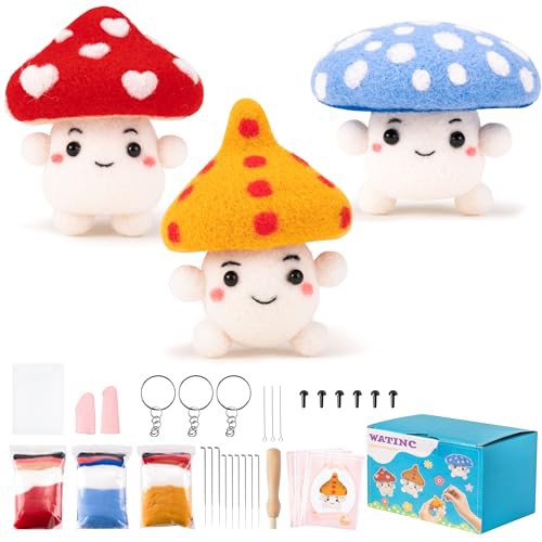 WATINC Mushroom Wool Needle Felting Kit - Needle Felting Starter Kit DIY Needlework Craft Felting Tools Foam Pad, DIY Home Decoration Needle Felting Craft Party Supplies for Beginners