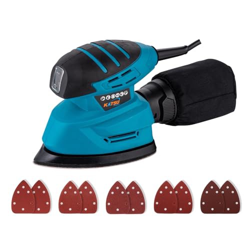 KATSU Tools Electric Detail Sander, 130W Palm Sander for Wood with Dust Collection and 10 PCs Sanding Pads, for Home Decoration DIY Furniture Finishing 