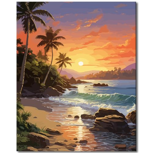 Landscape Paint by Numbers for Adults Beginners - Sunset Ocean Wave - DIY Adult Paint by Number Kits on Canvas with Brushes and Acrylic Pigment Without Frame for Home Office Wall Decor 16x20inch