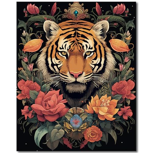 TISHIRON Tiger Paint by Number Kit for Adults Beginners, Animal Paint by Numbers Kits on Canvas,DIY Oil Painting Acrylic Paints for Home Living Room Bedroom Wall Decor 16x20inch Without Frame