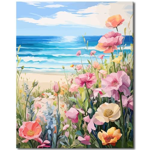 Paint by Numbers Kit for Adults 16"x20" Without Frame Canvas, DIY Acrylic Paint by Numbers Kits for Adults Beginner, Flowers Sea Landscape Ocean Waves Beach Drawing Arts and Crafts for Home Wall Decor