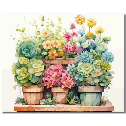 TISHIRON Paint by Number for Adults, Green Plant Flowerpot Paint by Numbers Kits for Adlts Beginners, Without Frame DIY Succulent Plants Oil Painting for Home Wall Decoration 16x20 Inch
